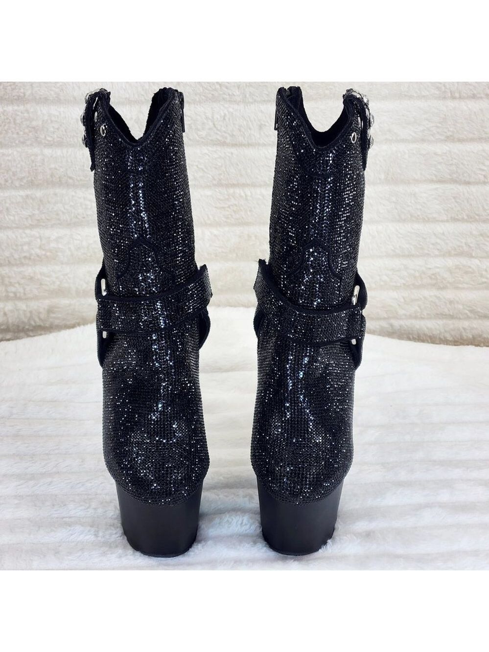 Black Rhinestone High Heel Platform Sexy Western Cowgirl Ankle Boots 1029 - Picture 7 of 10